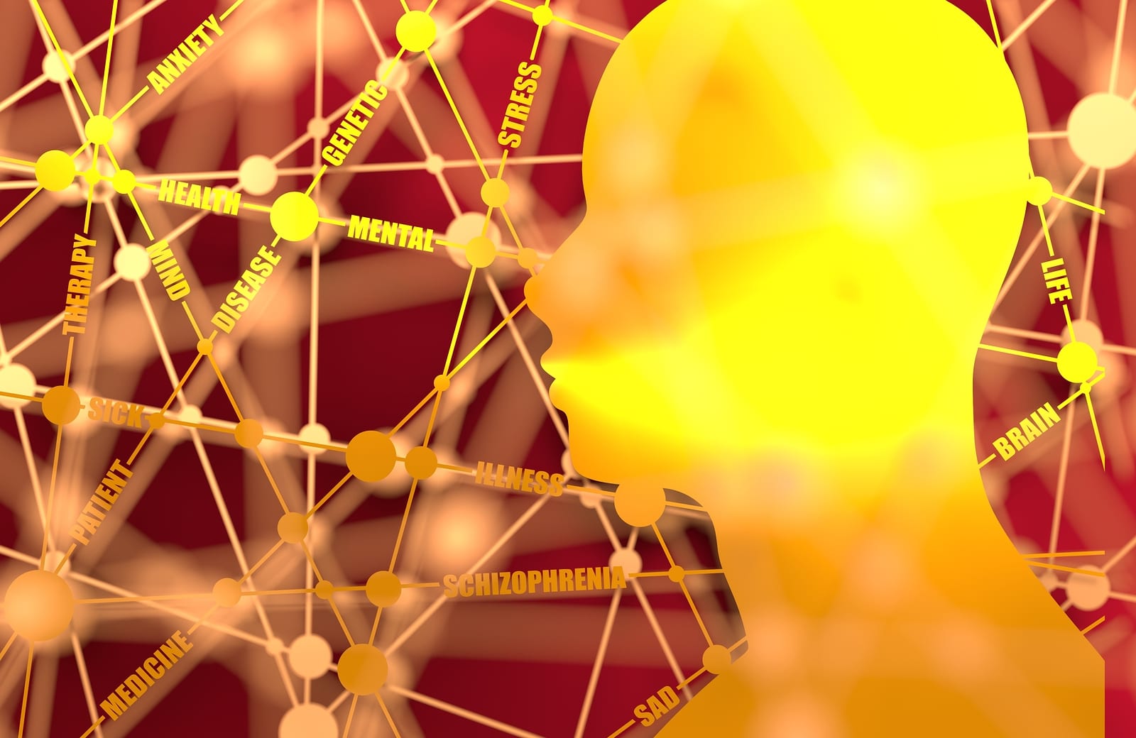 schizophrenia-2 Tags cloud. Schizophrenia relative brochure design. Scientific medical designs. Molecule And Communication Background. Connected lines with dots. Human head silhouette. 3D rendering. Metallic material