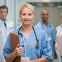 Portrait of a smiling young nurse holding clipboard at hospital. Satisfied female nurse outside operation theatre holding clipboard. Proud female doctor in scrubs looking at camera.